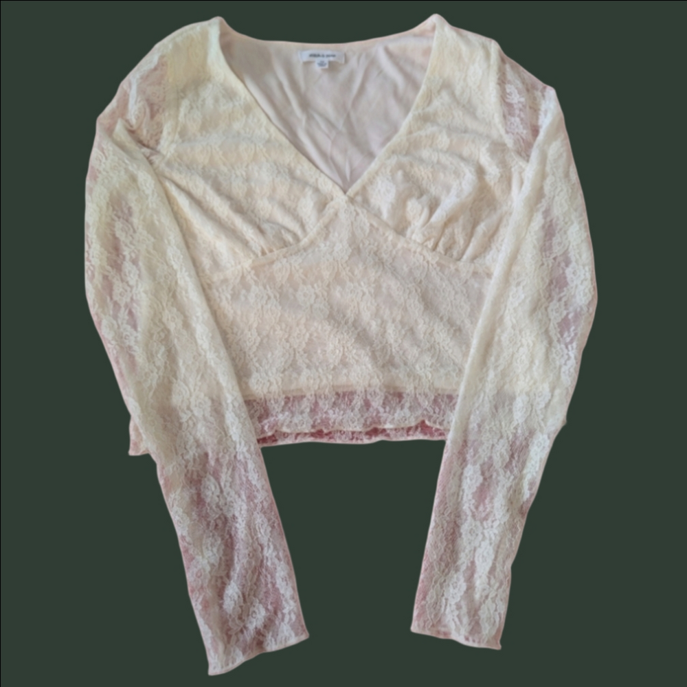 Stitch & Pine Y2K Lace Cropped Top Lined V-Neck Long Sleeve Fairy SzM